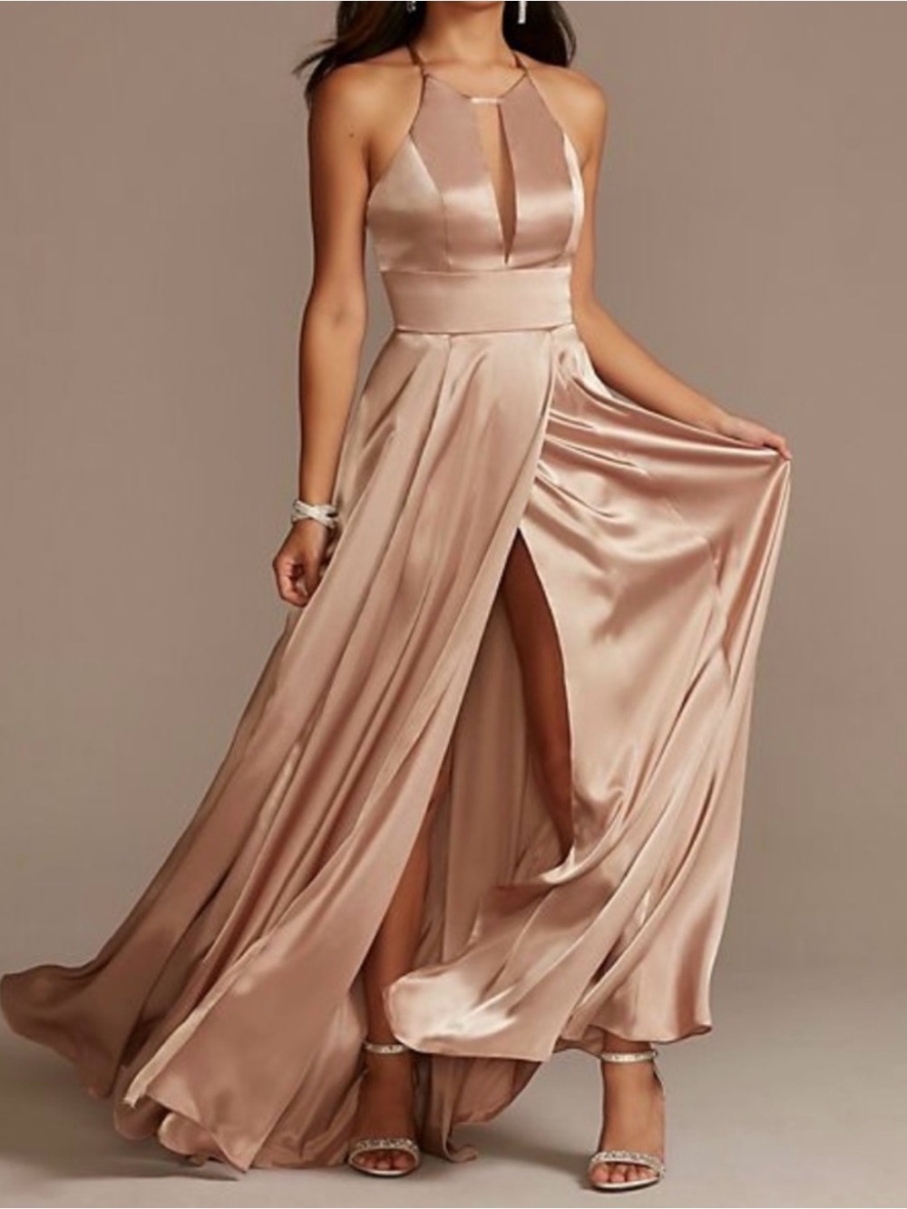 David's Bridal Charmeuse Keyhole Crisscross Back Dress in Sand
